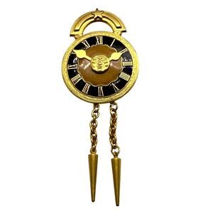 Gold Tone Celestial Clock Face Brooch with Dangles 3.75" Roman Numerals Vintage